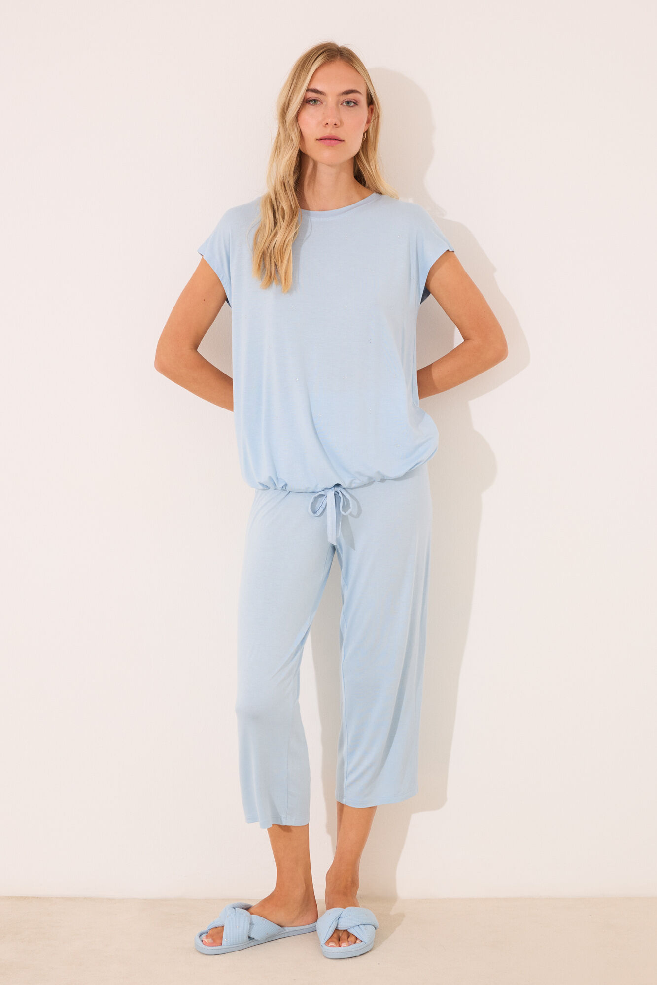 Women'secret Pijama Capri de viscosa con brillos azul azul