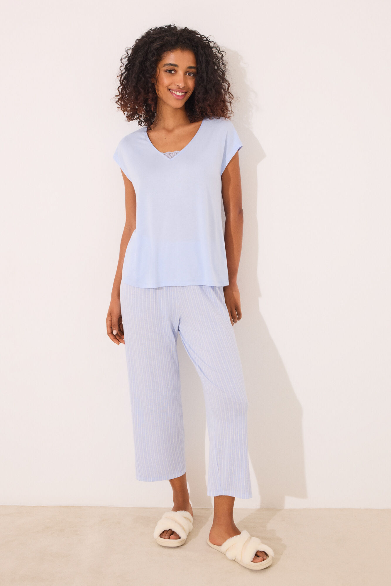 Women'secret Pijama capri de viscosa de rayas azules