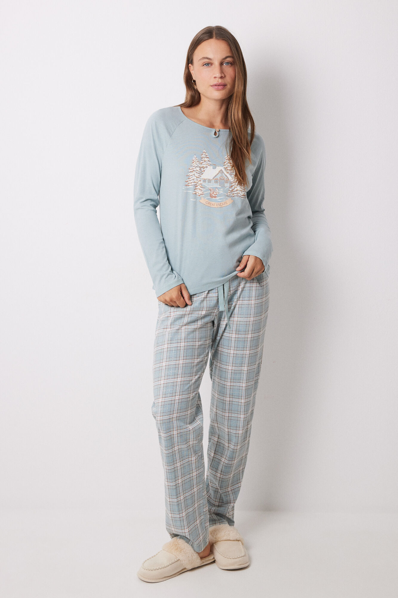 Women'secret Pijama larga 100% algod&oacute;n motivos navide&ntilde;os gris
