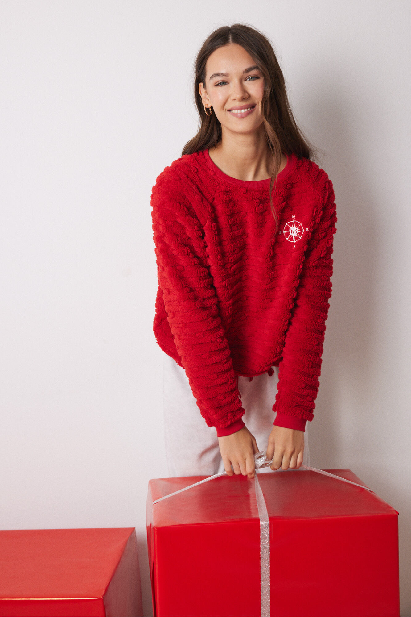 Women'secret Pijama larga pelo y polar fleece rojo