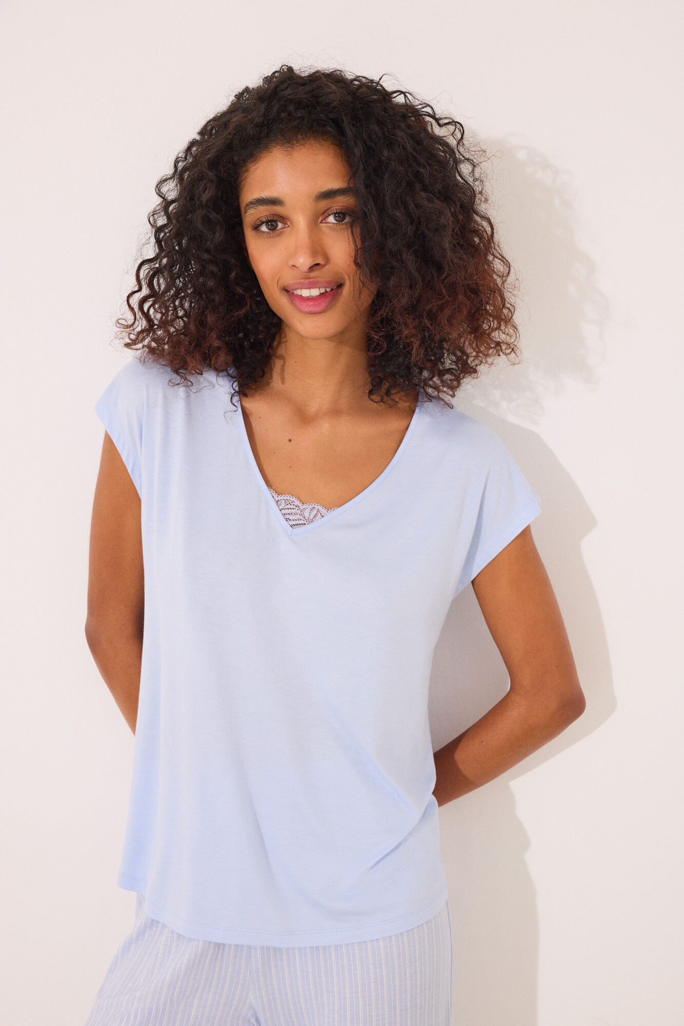 Women'secret Pijama capri de viscosa de rayas azules