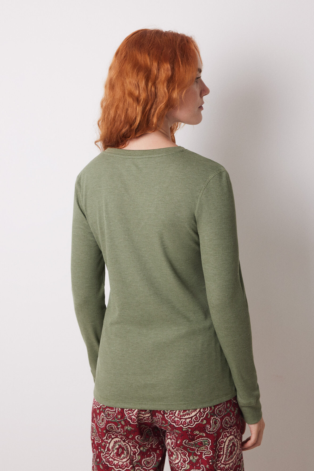 Women'secret Playera manga larga tejido waffle verde kaki