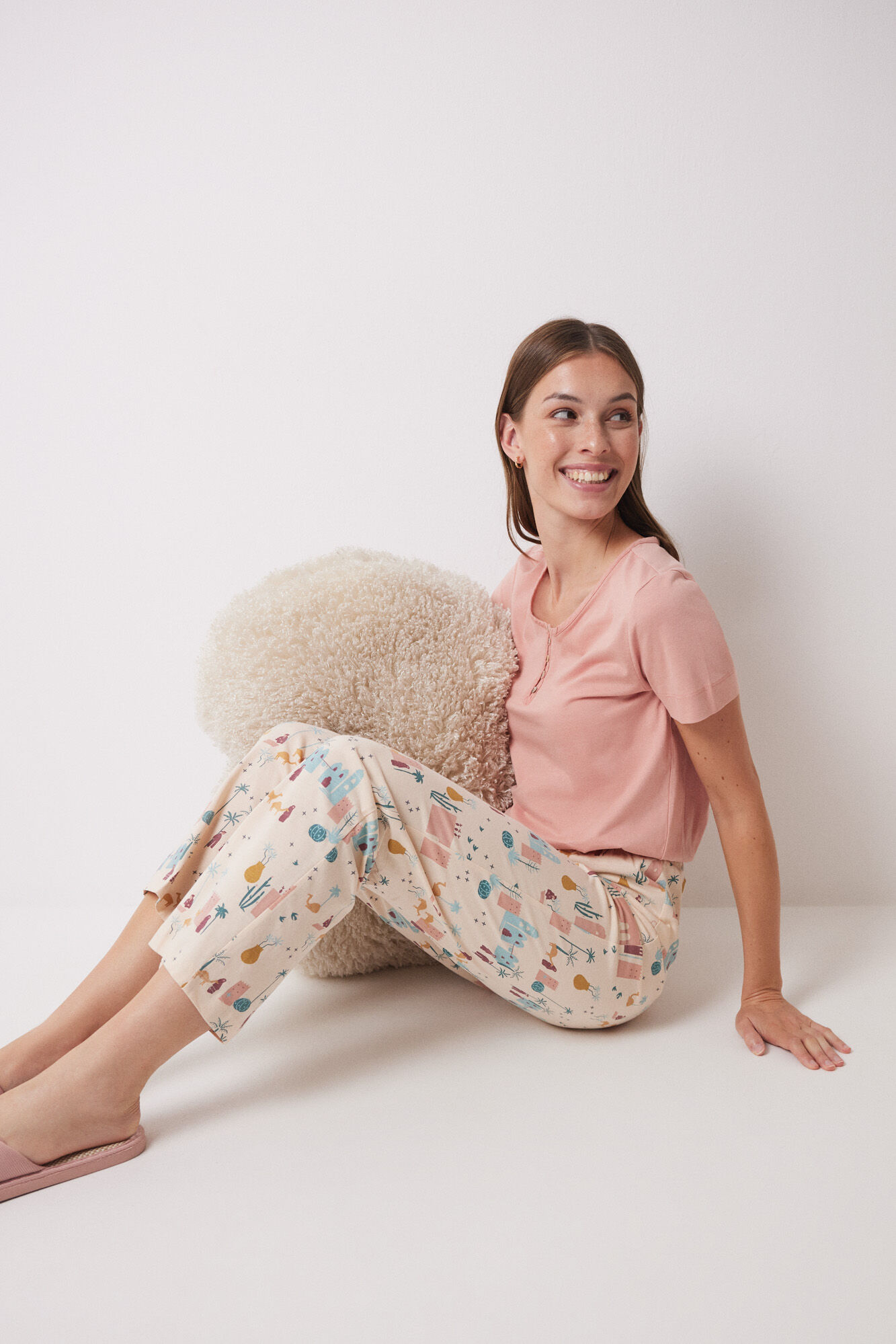 Women'secret Pantal&oacute;n largo 100% algod&oacute;n marfil estampado