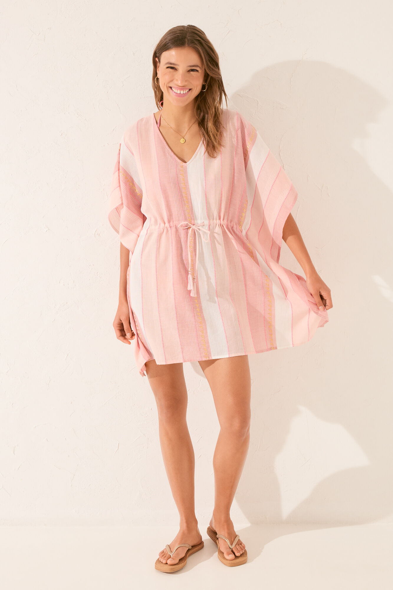 Women'secret T&uacute;nica short de algod&oacute;n con rayas de lurex rosa