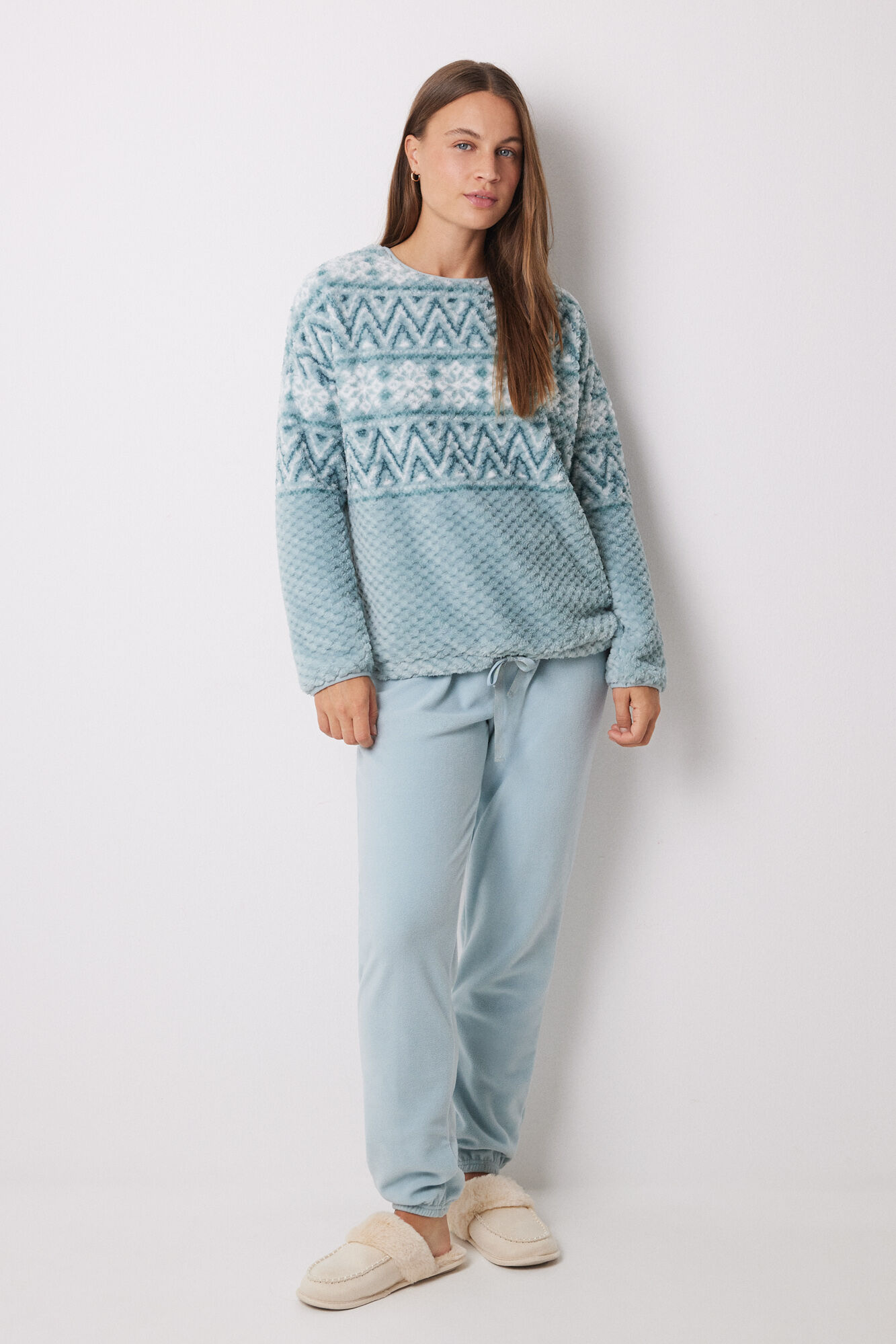 Women'secret Pijama larga polar efecto jacquard azul