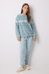 Women'secret Pijama larga polar efecto jacquard azul verde