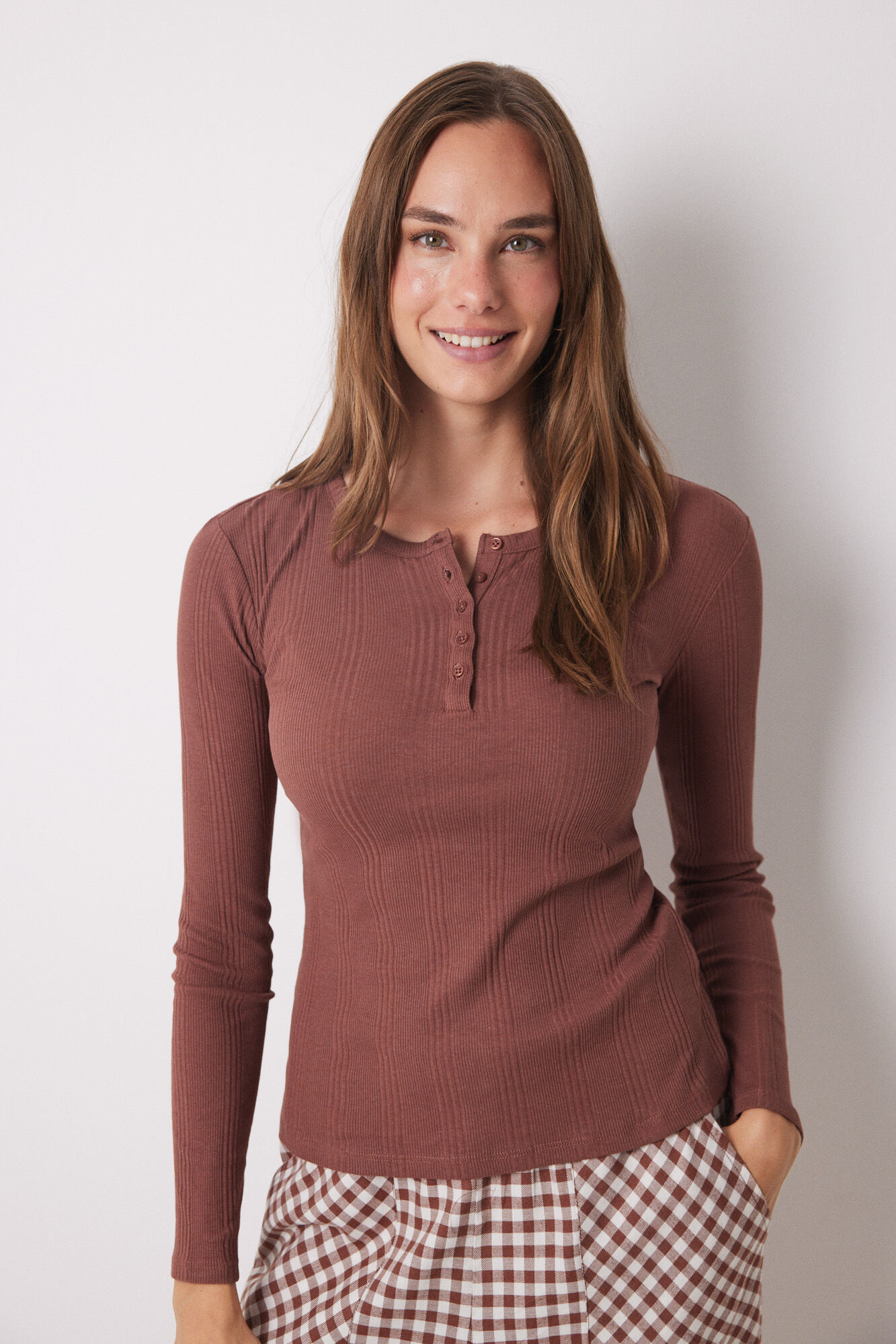 Women'secret Playera manga larga canal&eacute; caf&eacute;