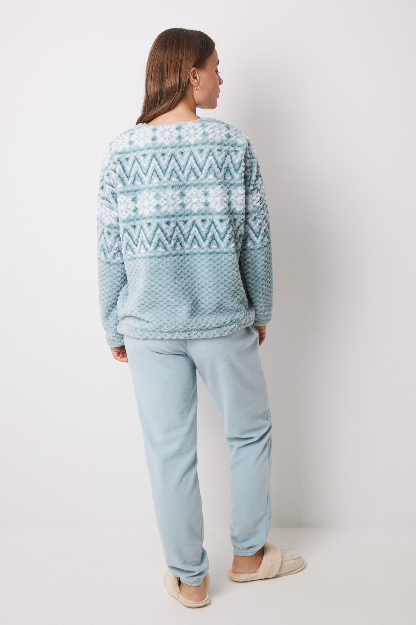 Women'secret Pijama larga polar efecto jacquard azul verde