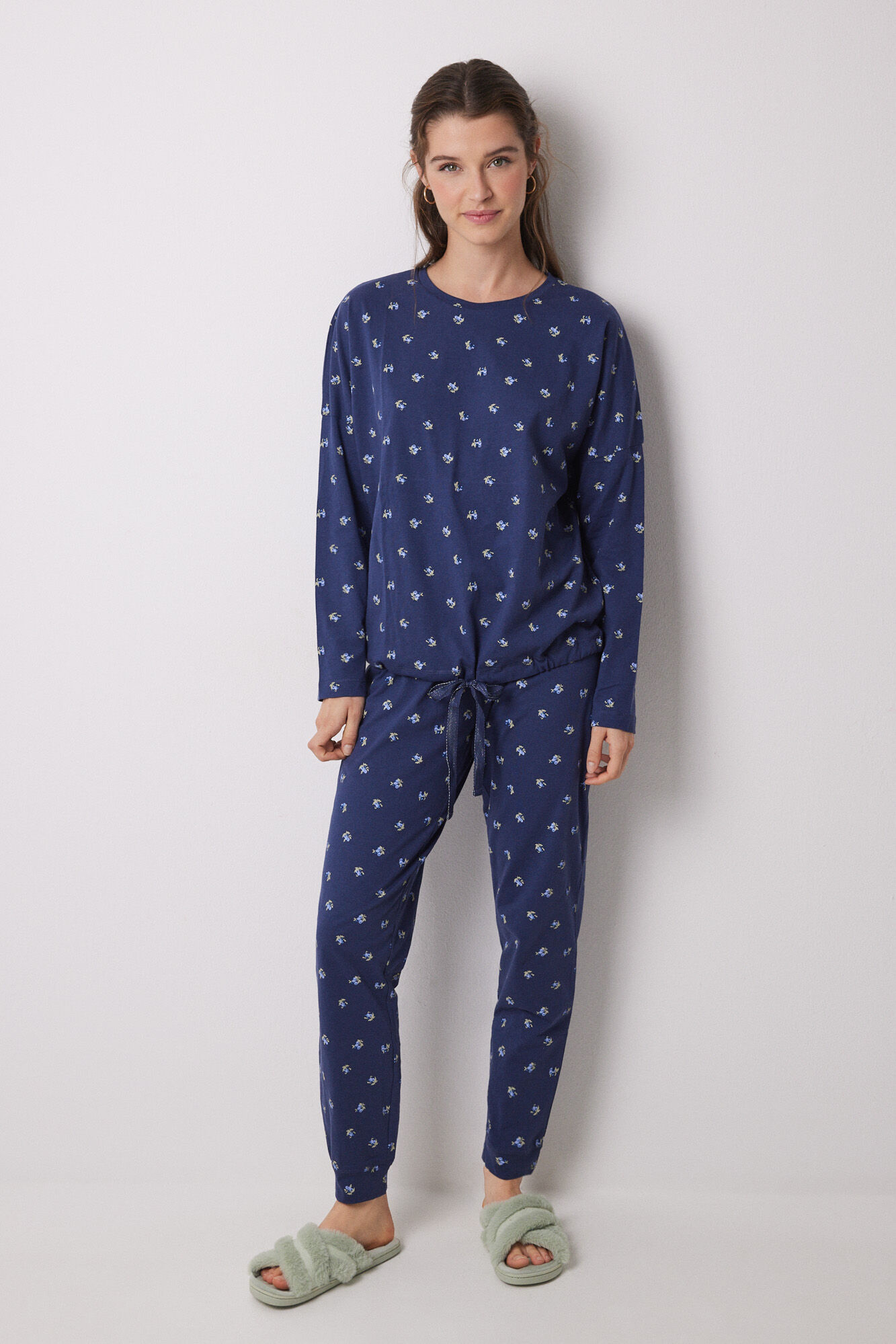 Women'secret Pijama larga 100% algod&oacute;n azul flores
