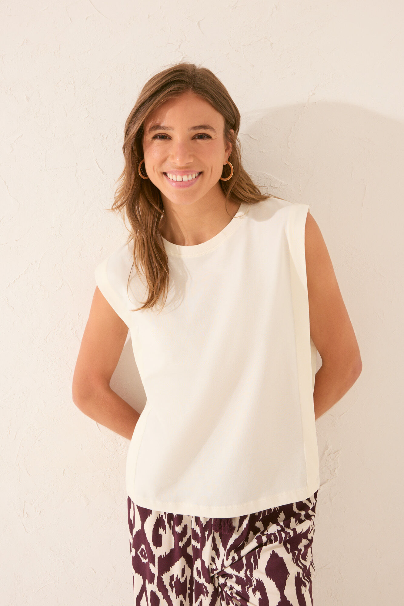 Women'secret Playera de mangas negras 100% algod&oacute;n marfil