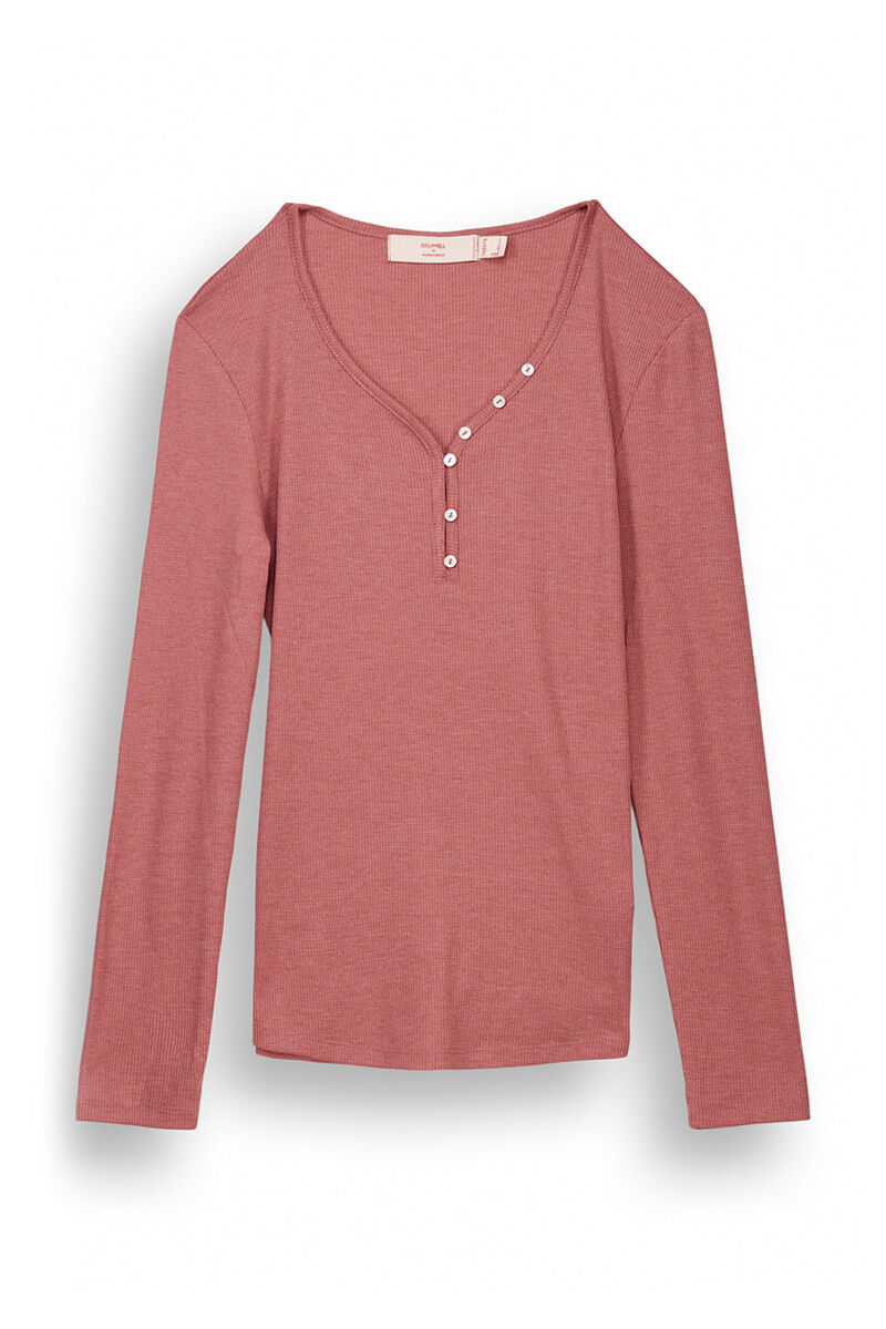 Women'secret Playera de cuello redondo con botones y manga larga carm&iacute;n p&uacute;rpura