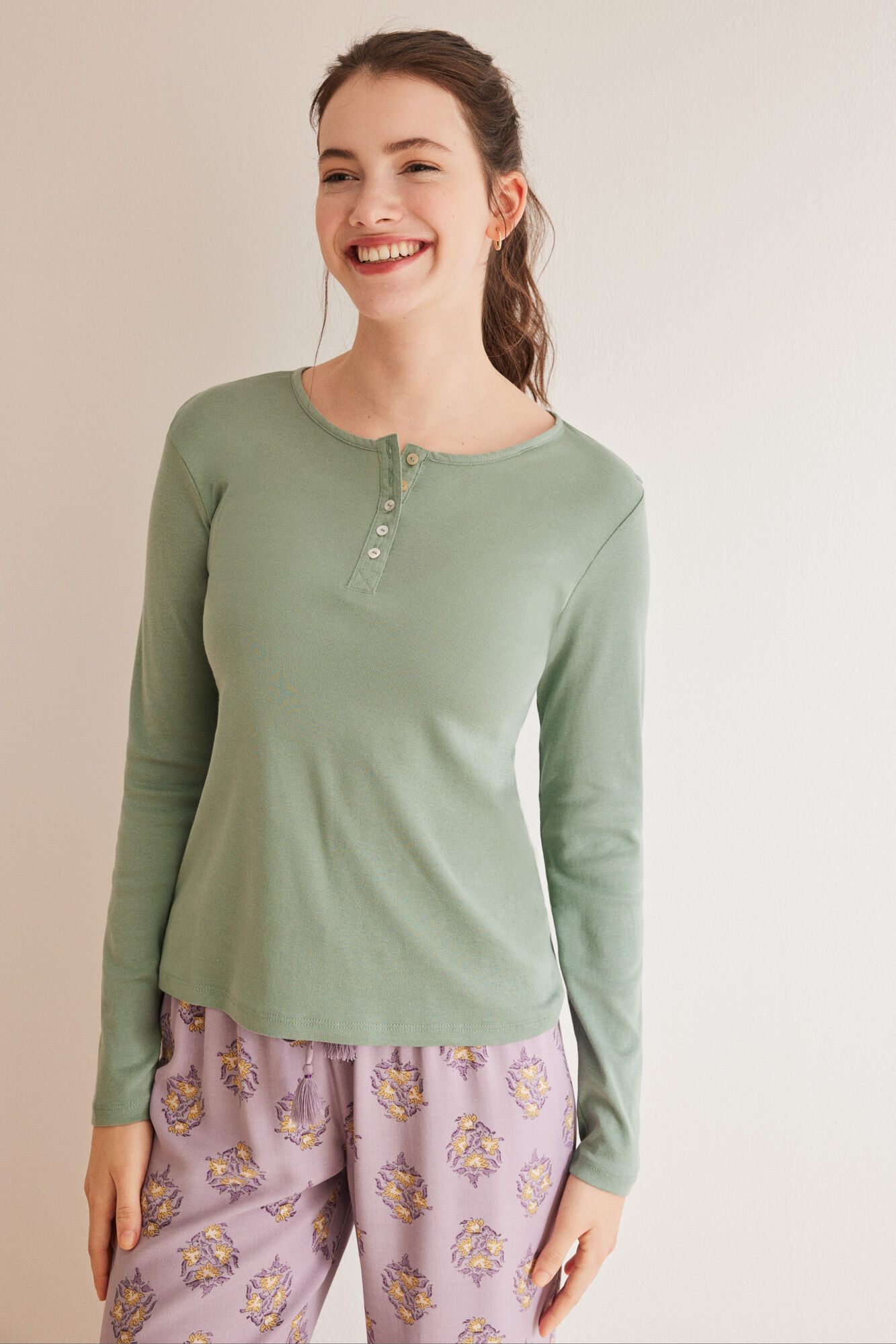 Women'secret Playera panadera manga larga verde 100% algod&oacute;n verde