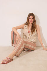 Women'secret Pantal&oacute;n de viscosa con estampado de rayas marrones caf&eacute;