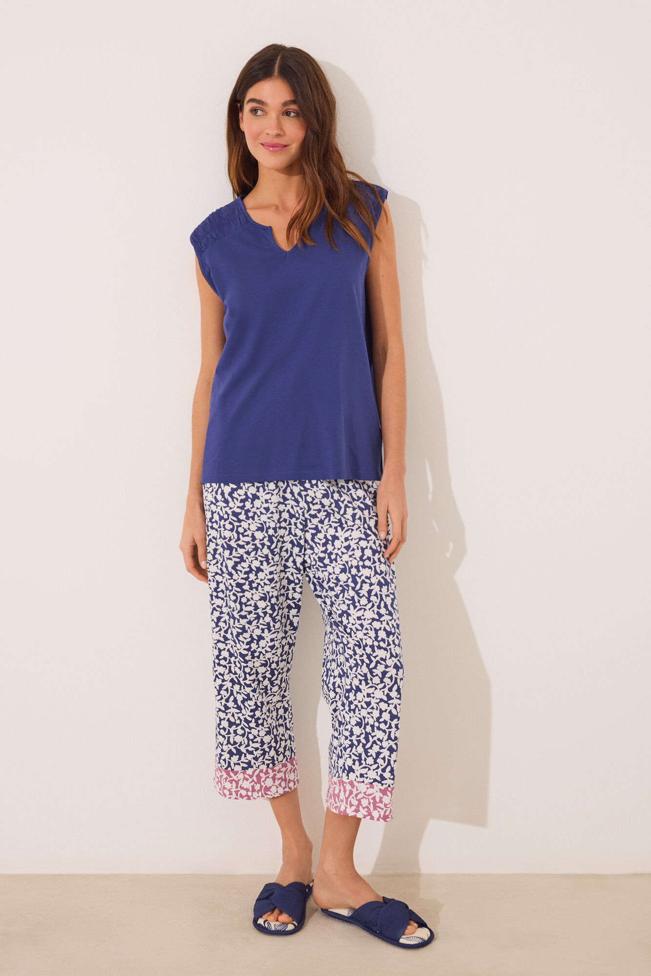 Women'secret Pijama Capri 100% algod&oacute;n con estampado azul
