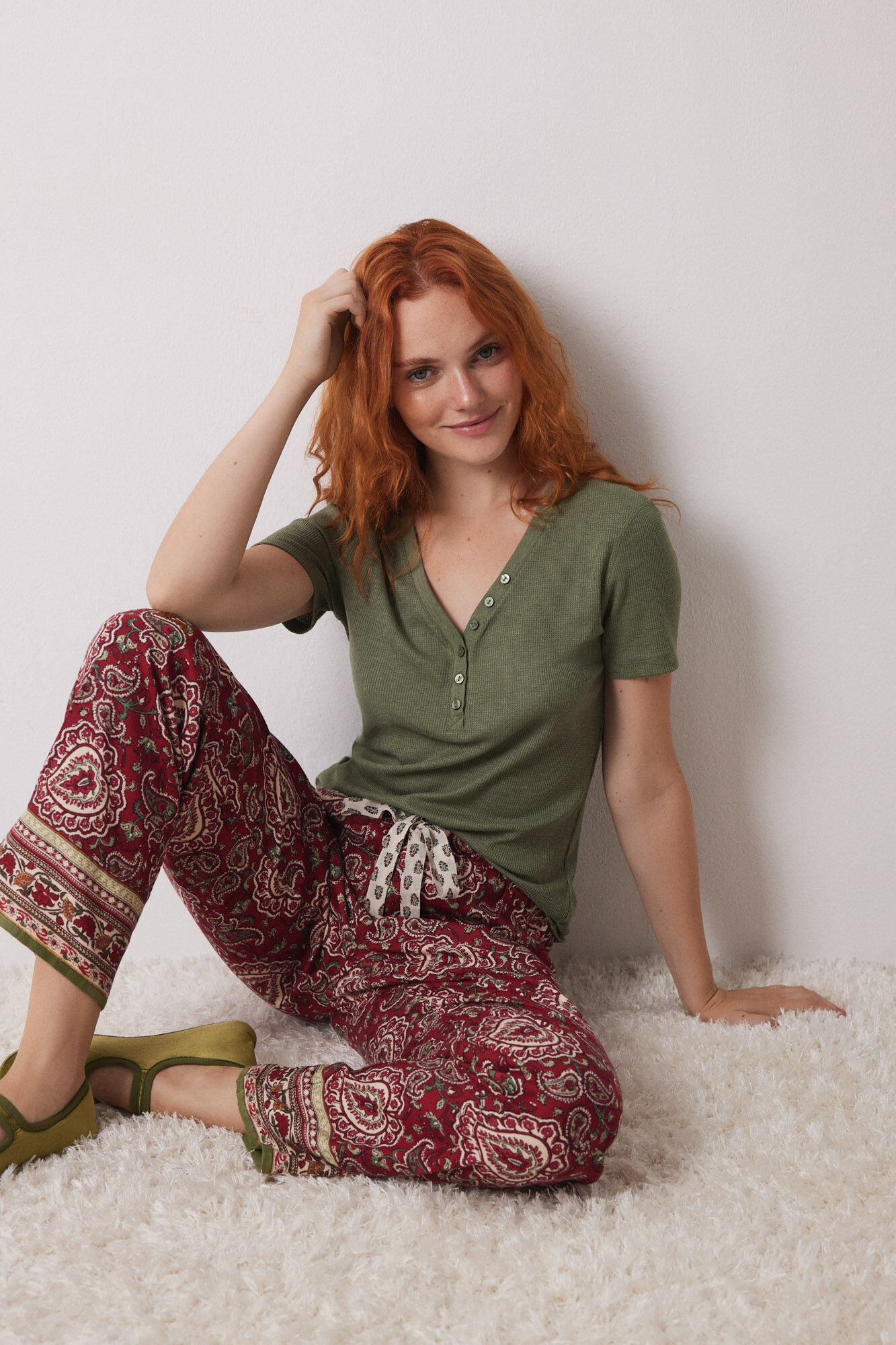 Women'secret Pantal&oacute;n pijama paisley algod&oacute;n rojo